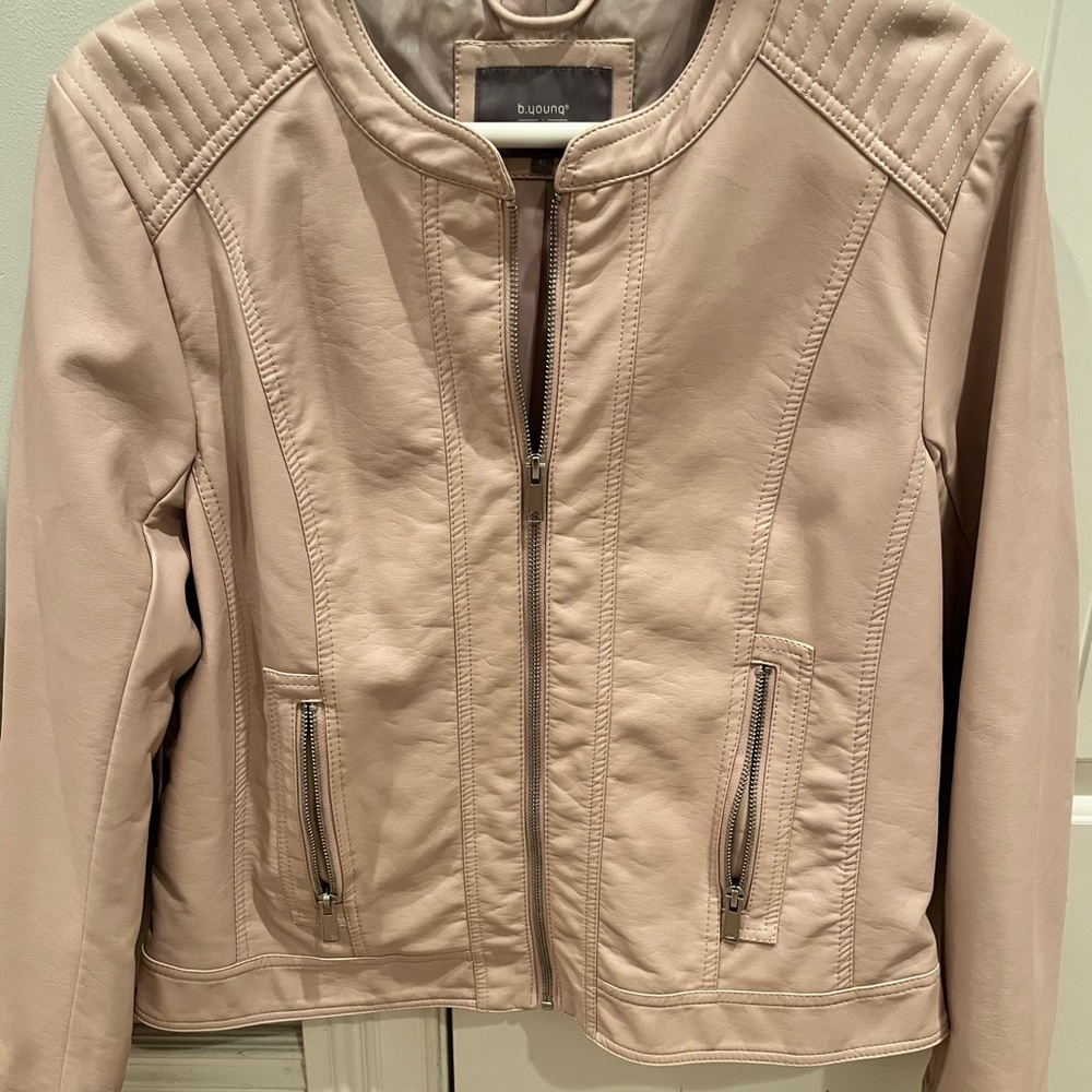 Blush Pink Leather Jacket with Quilted Shoulders and Fitted Waist